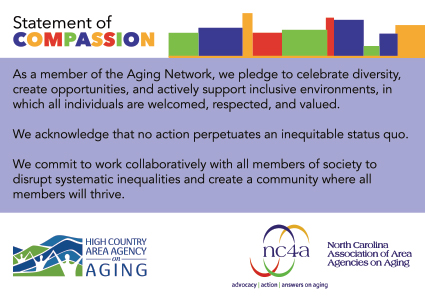  As a member of the Aging Network, we pledge to celebrate diversity, create opportunities, and actively support inclusive environments, in which all individuals are welcomed, respected, and valued. We acknowledge that no action perpetuates an inequitable status quo. We commit to work collaboratively with all members of society to disrupt systematic inequalities and create a community where all members will thrive.